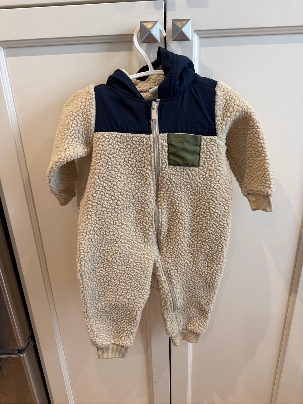 Old navy 6-12m Cream Sherpa Baby One-Piece with Navy Hood and Olive Pocket